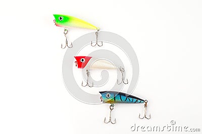 Various fishing accessories, isolated on white background, 23 november 2020, Gothenburg, Sweden Stock Photo