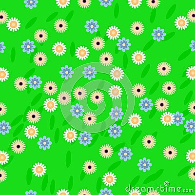 Floral seamless pattern of leaves, forget-me-nots, sunflowers and chamomiles Vector Illustration