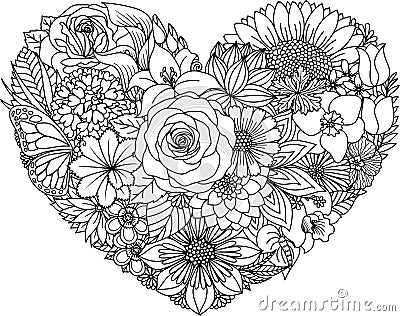 Various flowers in heart shape, for paper cut, laser cut, card making, coloring page and so on. Vector illustration Vector Illustration
