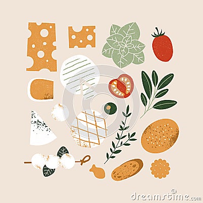 Various food collection. Cheese, bread and tomatoes. Assortment of appetizers. Vector Illustration
