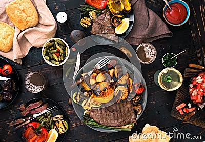 Various food cooked on the grill, top view Stock Photo