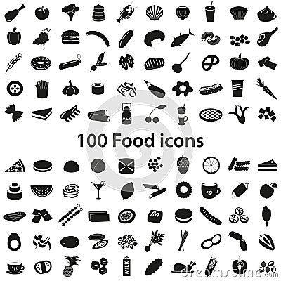 100 various food and drink black icons set Vector Illustration