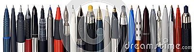 Various fountain pens, ball pens and pencils Stock Photo