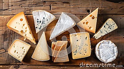 Various French cheeses on a wooden table, viewed from above. Stock Photo