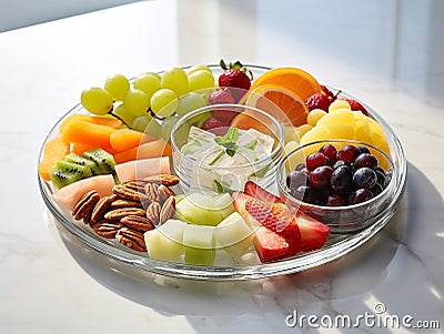 various fresh fruits in plate on white marble table. served with elegance Stock Photo