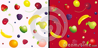 Various fruit and berries seamless colorful pattern on light pink and red background. Vector illustration. Vector Illustration