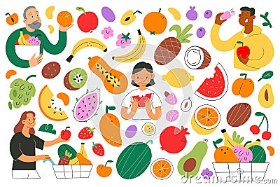 Set of various tiny people with different food and products isolated on white background. Collection of cartoon person Vector Illustration