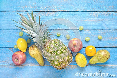 Various fruit, flat lay, healthy nutition Stock Photo
