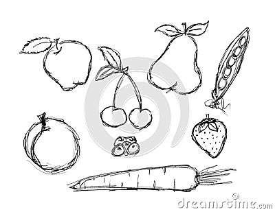Various fruit and vegetable doodle set Stock Photo