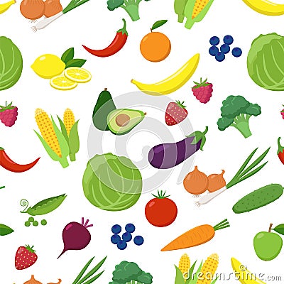 Various fruits and vegetables seamless pattern isolated on white background. Vegetarian fresh food in flat design vector Vector Illustration