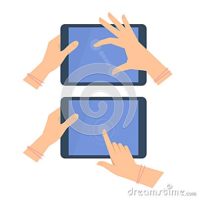 Various gestures of female hands with tablet screen. Vector Illustration