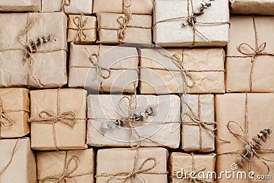 Various gift boxes wrapped in eco-friendly craft paper Stock Photo