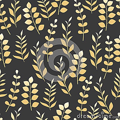 Various golden plant leaves seamless vector black background, hand drawn botanical illustration, floral decorative pattern, Vector Illustration