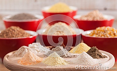 Various grains and cereals and their corresponding flours - healthy diversified diet concept Stock Photo