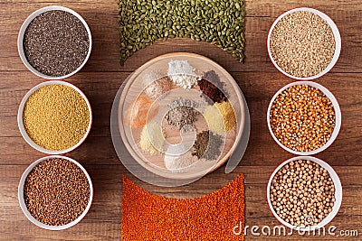 Various grains and their flour - top view Stock Photo