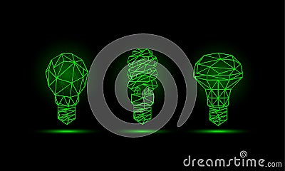 Various green neon low poly light bulbs models. Vector Illustration