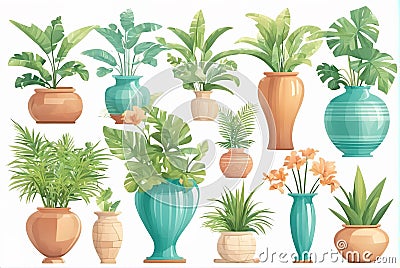 Various green plant potted materials in watercolor cartoon style Stock Photo