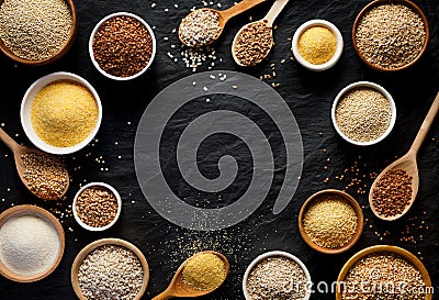 Various groats, cereals. Different types of groats in bowls and on a spoons on a black background, top view. Stock Photo