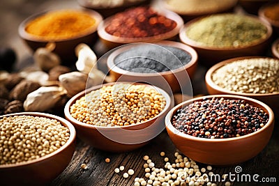 Various groats legumes, grains. Many types of cereals collected together. Agriculture and healthy eating concept. Close-up. Stock Photo