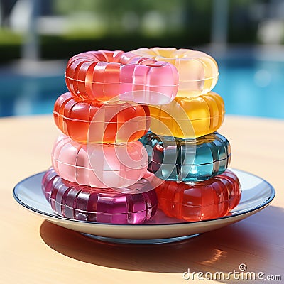 Various gummy candies are placed on a plate. Stock Photo