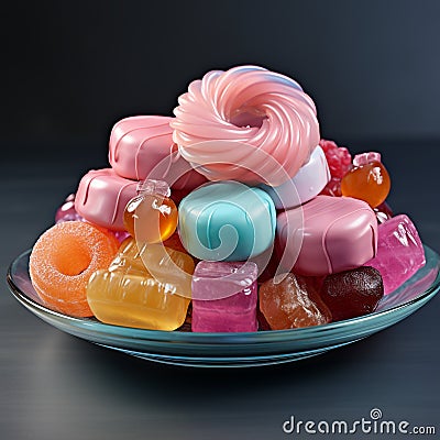 Various gummy candies are placed on a plate. Stock Photo