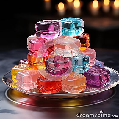 Various gummy candies are placed on a plate. Stock Photo