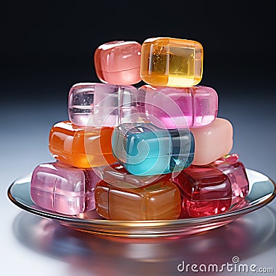 Various gummy candies are placed on a plate. Stock Photo