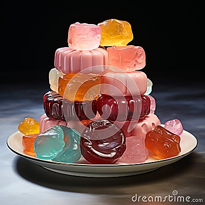 Various gummy candies are placed on a plate. Stock Photo