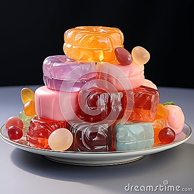 Various gummy candies are placed on a plate. Stock Photo