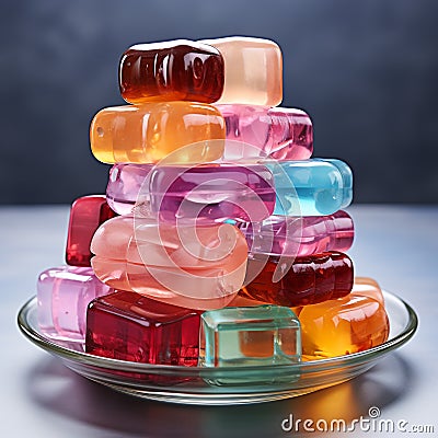 Various gummy candies are placed on a plate. Stock Photo