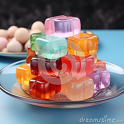 Various gummy candies are placed on a plate. Stock Photo