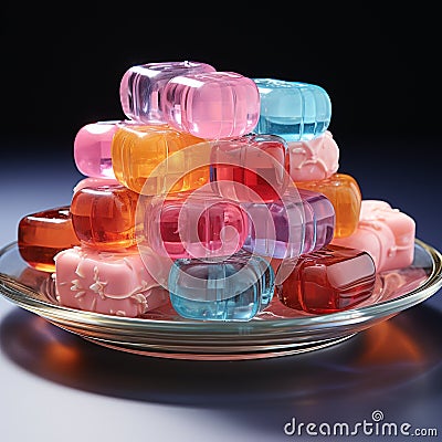 Various gummy candies are placed on a plate. Stock Photo