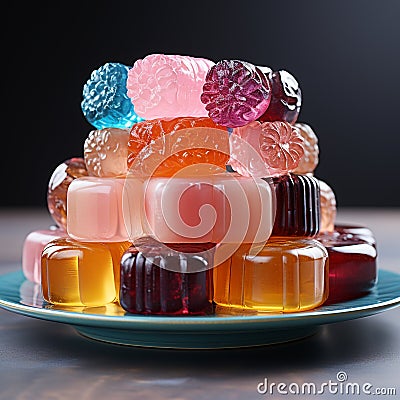 Various gummy candies are placed on a plate. Stock Photo