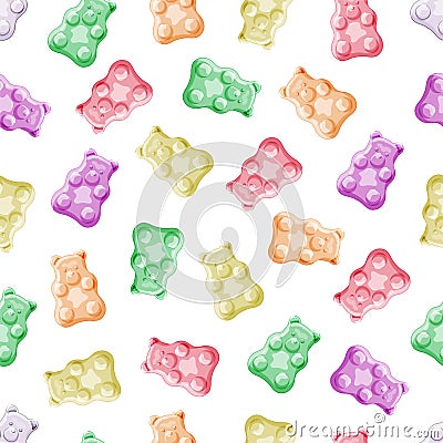 Various Gummy and Jelly Bears in pastel colors seamless pattern. Fruit and delicious sweets and candies. Cartoon style Vector Illustration