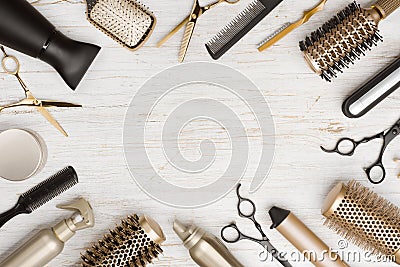 Various hair dresser tools on wooden background with copy space Stock Photo