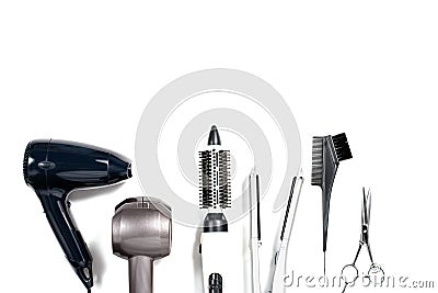 Various hair styling devices on white background, top view Stock Photo