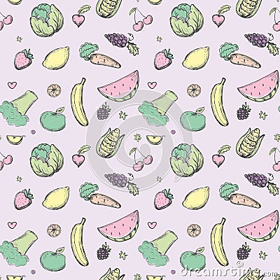 Various hand drawn organic food. Assorted natural vegetables and fruits. Seamless pattern with colourful foods. Doodle of Vector Illustration