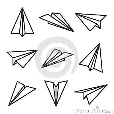 Various hand drawn paper planes. Black doodle airplanes. Aircraft icon, simple monochrome plane silhouettes. Outline Vector Illustration