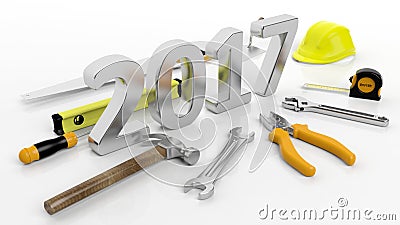 Various hand tools with 3D 2017 text Stock Photo