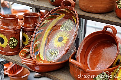Various handmade clay pot, pot, casserole and jug utensils Stock Photo