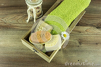 Various handmade soaps with many accessories Stock Photo