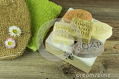 Various handmade soaps with many accessories Stock Photo