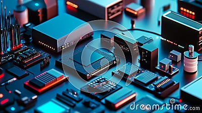 Various hardware components related to networking: routers, switches, firewalls, servers, and end-user devices, arranged on a Stock Photo
