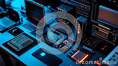 Various hardware components related to networking: routers, switches, firewalls, servers, and end-user devices. Stock Photo
