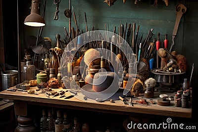 various hat-making tools displayed on a workbench Stock Photo