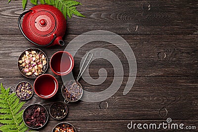 Various herbal tea, teapot and cup Stock Photo