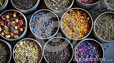 Assorted Loose Tea Leaves in Tins Stock Photo