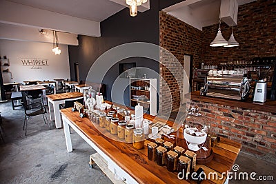 Various home-made produce for sale in Empty coffee shop cafe and bakery Editorial Stock Photo