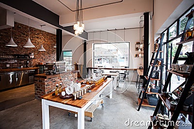 Various home-made produce for sale in Empty coffee shop cafe and bakery Editorial Stock Photo