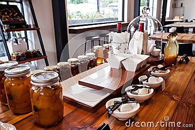 Various home-made produce for sale in Empty coffee shop cafe and bakery Editorial Stock Photo